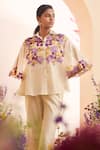 Chandrima Ivory Chanderi Embroidery, Tassels Collared 3d Pansy Patch Work Shirt Online at Aza Fashions Chandrima_Ivory Chanderi Embroidery, Tassels Collared 3d Pansy Patch Work Shirt _Online_at_Aza_Fashions