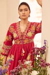 Chandrima_Fuchsia Kala Cotton Embroidery Bead And Thread V Neck Floral Midi Dress _Online_at_Aza_Fashions