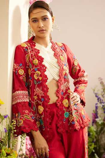 Chandrima_Red Chanderi Embroidery, Cut Work Open Neck Floral Thread Jacket _Online_at_Aza_Fashions