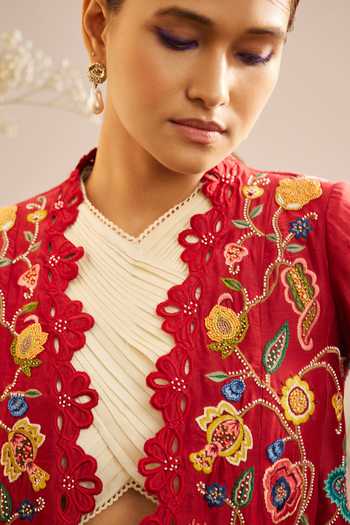 Buy_Chandrima_Red Chanderi Embroidery, Cut Work Open Neck Floral Thread Jacket _Online_at_Aza_Fashions
