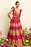 Chandrima_Fuchsia Chanderi Embroidery Bead And Thread Cutwork Ruffle Sleeve Bustier _Online_at_Aza_Fashions