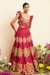 Chandrima_Fuchsia Chanderi Embroidered Thread Blooming Flower Lehenga _Online_at_Aza_Fashions