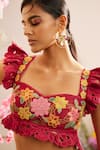 Shop_Chandrima_Fuchsia Chanderi Embroidery Bead And Thread Cutwork Ruffle Sleeve Bustier _Online_at_Aza_Fashions