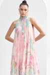 Shop_Mandira Wirk_Pink Chiffon Tropical High Neck Dress_at_Aza_Fashions