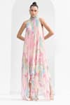 Buy_Mandira Wirk_Pink Chiffon Tropical High Neck Dress_Online_at_Aza_Fashions