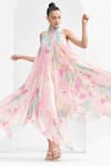 Mandira Wirk_Pink Chiffon Tropical High Neck Dress_at_Aza_Fashions