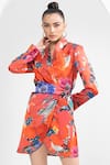 Shop_Mandira Wirk_Red Printed Garden Lapel Wrapped Blazer Dress_at_Aza_Fashions