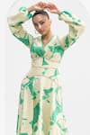 Shop_Mandira Wirk_Green Chantley Leaf V Neck Textured High Low Hem Dress _at_Aza_Fashions