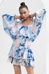 Shop_Mandira Wirk_Blue Chiffon Printed Abstract Round Layered Dress_at_Aza_Fashions