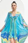 Shop_Mandira Wirk_Blue Chiffon Printed Marble V Neck Kaftan _at_Aza_Fashions