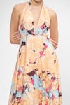 Shop_Mandira Wirk_Beige Chantley Print Halter Neck Maxi Dress_at_Aza_Fashions