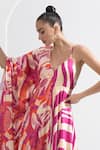 Shop_Mandira Wirk_Pink Satin Printed V Neck Blocked Kaftan _at_Aza_Fashions