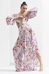 Buy_Mandira Wirk_Purple Georgette Lurex / Chiffon Orchid V Neck Waist Cutout Dress_Online_at_Aza_Fashions