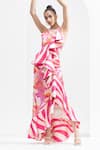 Buy_Mandira Wirk_Pink Satin Stripe And Leaf Round Ruffle Trim Gown_Online_at_Aza_Fashions