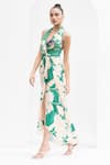 Buy_Mandira Wirk_Green Satin Floral Halter Neck Dress_Online_at_Aza_Fashions