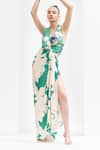 Shop_Mandira Wirk_Green Satin Floral Halter Neck Dress_Online_at_Aza_Fashions