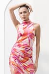 Shop_Mandira Wirk_Pink Lycra Velvet Printed Abstract High Neck Dress _at_Aza_Fashions