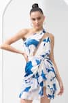 Shop_Mandira Wirk_Blue Chiffon Printed Textured One Shoulder Draped Dress_at_Aza_Fashions