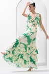 Shop_Mandira Wirk_Green Chiffon Printed Abstract Bling V Neck Textured Dress _Online_at_Aza_Fashions