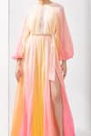 Shop_Mandira Wirk_Multi Color Chiffon / Chantley Round Ombre Balloon Sleeve Gown_at_Aza_Fashions