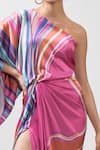 Shop_Mandira Wirk_Pink Satin Printed Marble One Shoulder Draped Gown _at_Aza_Fashions