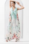 Buy_Mandira Wirk_Blue Chiffon Printed Tropical V Neck Kaftan _Online_at_Aza_Fashions