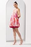 Buy_Mandira Wirk_Pink Satin Printed Abstract Plunge Short Dress_Online_at_Aza_Fashions