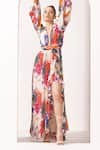 Shop_Mandira Wirk_Ivory Chiffon Printed Abstract Floral Plunge Garden Slit Gown _Online_at_Aza_Fashions