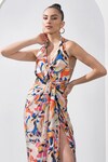 Shop_Mandira Wirk_Multi Color Satin Abstract Halter Neck Gown_at_Aza_Fashions