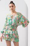 Shop_Mandira Wirk_Green Chiffon - Chantley Printed Abstract Round Top And Skirt Set _at_Aza_Fashions