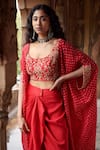 Shop_Pink City by Sarika_Red Silk Embroidered Zari Cape Open Embellished Crop Top Skirt Set  _Online_at_Aza_Fashions