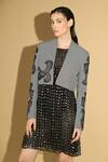 Shop_Geisha Designs_Black Nylon Embellishments Metallic Zig-zag Pattern Jacket With Dress  _Online_at_Aza_Fashions