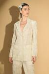 Geisha Designs_White Nylon Embroidered Sequins Lapel Collar Thread Jacket And Pant Set  _Online_at_Aza_Fashions