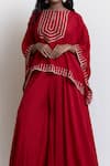 Brij_Red Spun Silk Embroidered Kanchi Tissue Scalloped Hem Cape And Flared Pant Set _at_Aza_Fashions