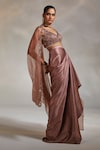 Buy_Divya Aggarwal_Brown Cape Organza Embroidery Beads Blouse Plunge V Debro Skirt Set _Online_at_Aza_Fashions