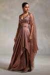 Divya Aggarwal_Pink Satin Sequins, Cut Work V-neck Viven Hand Embroidered Cape Skirt Set _Online_at_Aza_Fashions