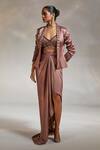 Divya Aggarwal_Brown Satin Beads, Tassels Plunge Neck Debro Blazer Skirt Set _Online_at_Aza_Fashions