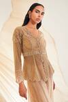 Shop_Divya Aggarwal_Beige Kurta And Sharara Organza Embellished Crystal V Neck Pearl & Sequin Set _Online_at_Aza_Fashions