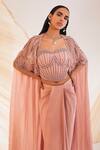 Divya Aggarwal_Pink Satin Pearls Sweetheart Hand Embroidered Scallop Pattern Cape Skirt Set _Online_at_Aza_Fashions