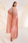 Buy_Divya Aggarwal_Pink Satin Pearls Sweetheart Hand Embroidered Scallop Pattern Cape Skirt Set _Online_at_Aza_Fashions