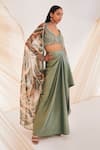 Buy_Divya Aggarwal_Green Satin Embroidery V-neck Multi Color Marble Effect Cape Skirt Set _Online_at_Aza_Fashions