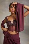 Shop_Divya Aggarwal_Wine Corset Satin And Lycra Mesh Saree Georgette Vero Pre-draped With Blouse _at_Aza_Fashions