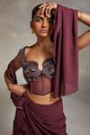 Divya Aggarwal_Wine Corset Satin And Lycra Mesh Vero Pre-draped Saree With Crystal Blouse _at_Aza_Fashions