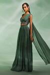 Shop_Divya Aggarwal_Green Chiffon Printed Geometric V Neck Verity Draped Skirt And Blouse Set _Online_at_Aza_Fashions