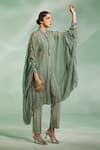 Buy_Divya Aggarwal_Green Shirt Cape Chiffon Printed Geometric Mandarin Collar Riley Trouser Set _Online_at_Aza_Fashions