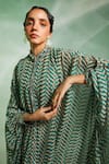 Shop_Divya Aggarwal_Green Shirt Cape Chiffon Printed Geometric Mandarin Collar Riley Trouser Set _Online_at_Aza_Fashions