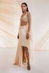 Buy_Divya Aggarwal_Ivory Satin Crystals, Pearls, Sequins V-neck Leaf Embroidered Cape Skirt Set _Online_at_Aza_Fashions