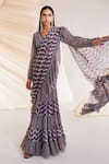 Buy_Divya Aggarwal_Purple Saree Chiffon Print Swirl V Neck Rosario Pre-draped With Blouse _Online_at_Aza_Fashions