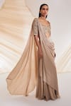 Divya Aggarwal_Beige Silk Chiffon Hand Taylen Pre-draped Saree With Blouse _Online_at_Aza_Fashions