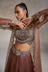 Shop_Divya Aggarwal_Brown Corset Velvet Cape Organza Lehenga Theo Scallop Embellished Set _at_Aza_Fashions